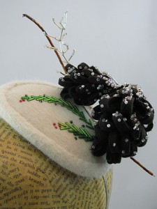 This hat has felt pinecones. Wear it to every holiday party. 