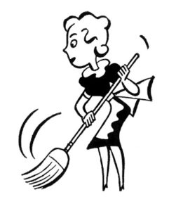 A drawing of a mid-century woman vigorously sweeping. 