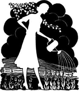 Silhouette of woman watering a garden